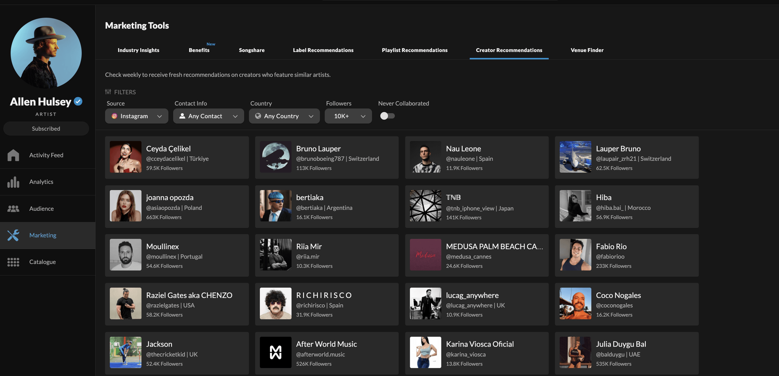 Songstats Creator Recommendations Tool